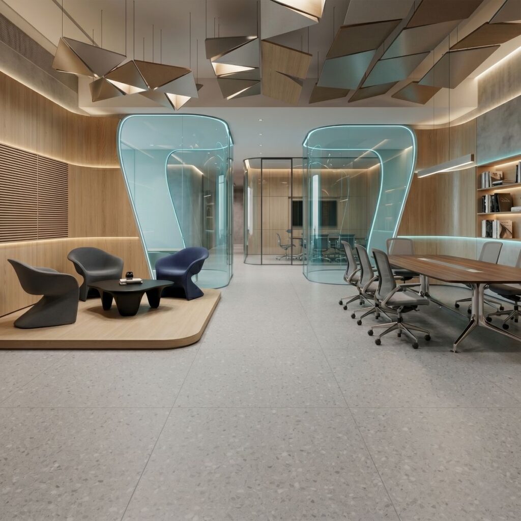 piso vinilico  Graniglia LILI instalado em recepção de arquitetura corporativa moderna com portico iluminado 