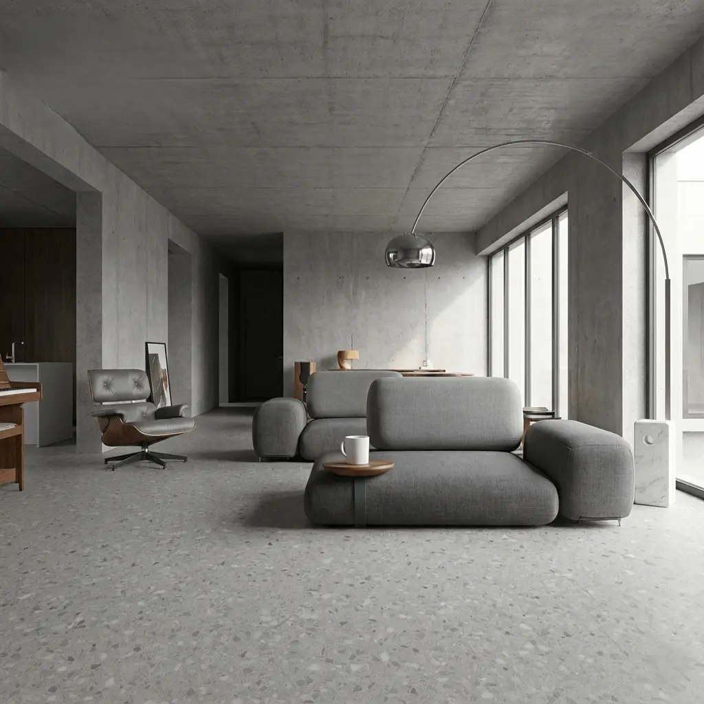 LVT instalado em living com luminaria moderna em casa de  arquitetura brutalista 