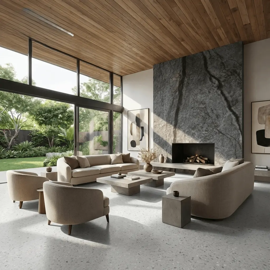 Piso LVT Graniglia de modulo grande instalado em living residencial entre sofas bege em projeto de arquitetura contemporanea