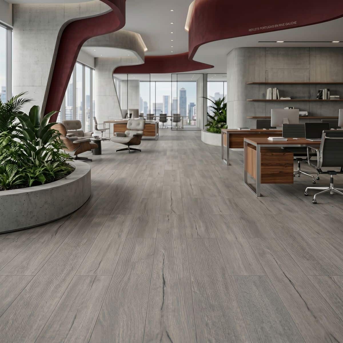 Piso LVT Moderno Rustico em instalação corporativa modernista