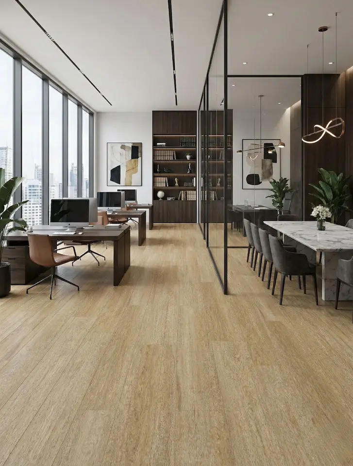 LVT amadeirado autoportante da linha Bosco instalada em escritorio de advocacia moderno e sofisticado