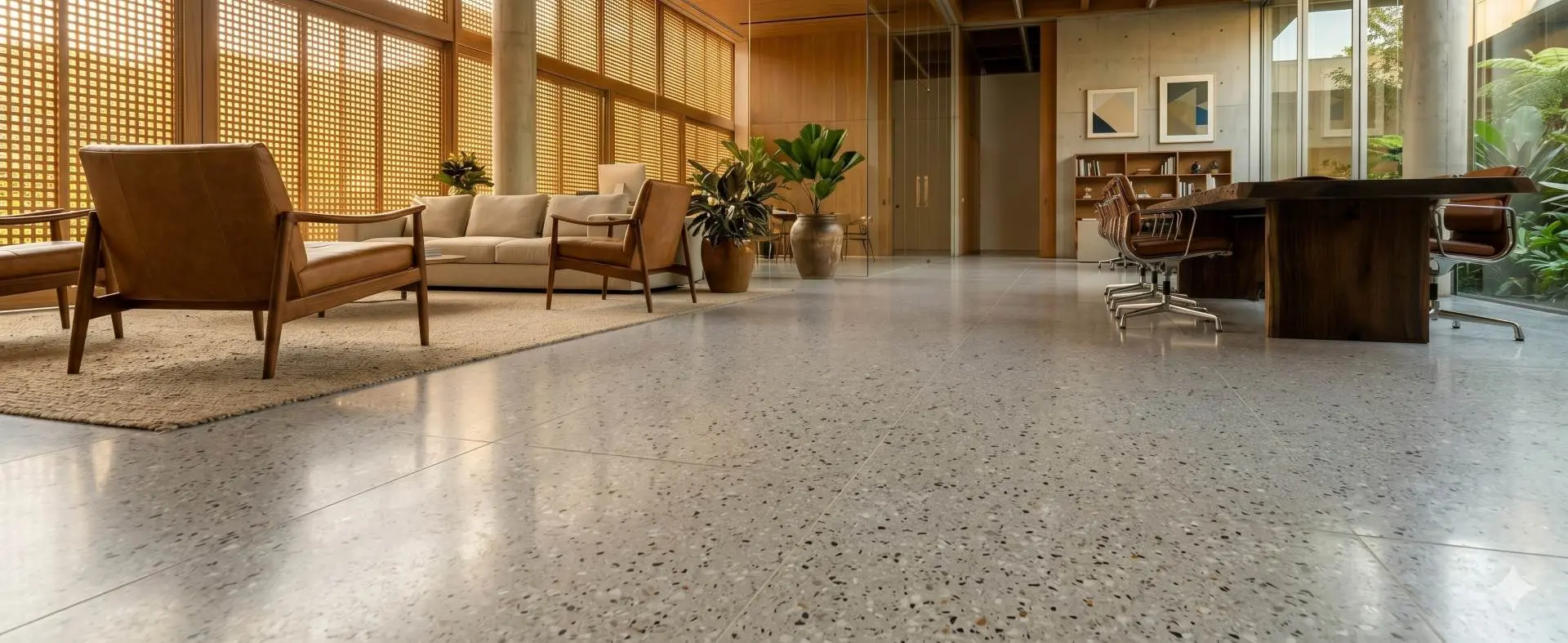 Piso LVT Graniglia Mimi instalado em escritório corporativo com teto estrutural em madeira, paredes de vidro e jardim tropical