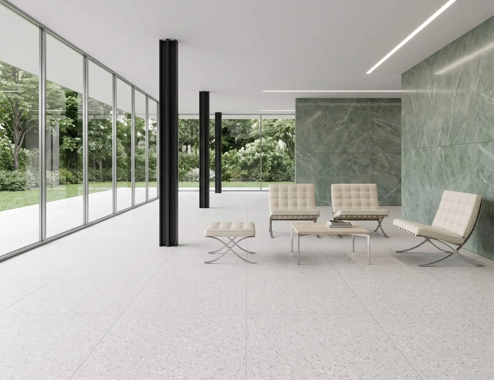 Piso LVT Graniglia Mimi instalado em casa moderna com teto branco e paredes de vidro e jardim tropical